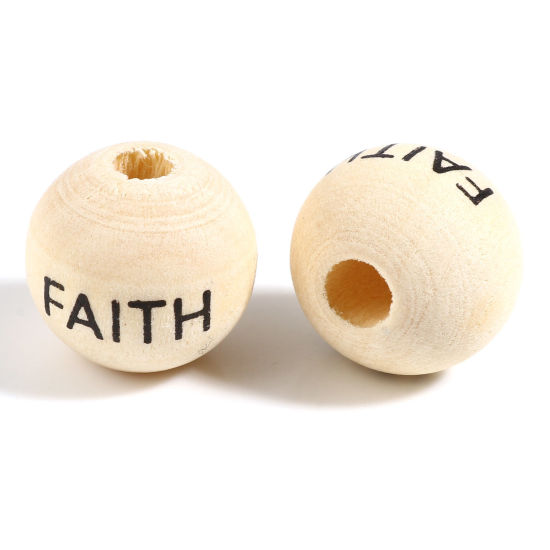 Image de Perles en Bois Rond Couleur Naturelle avec Mots" FAITH " 16mm Dia, Trou: env. 4.5mm-5mm, 20 Pcs