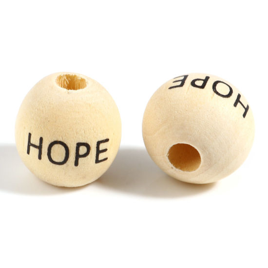 Image de Perles en Bois Rond Couleur Naturelle avec Mots" Hope " 16mm Dia, Trou: env. 4.5mm-5mm, 20 Pcs