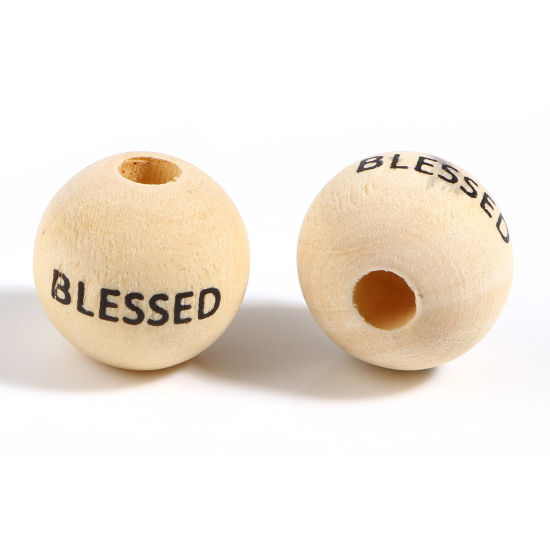 Image de Perles en Bois Rond Couleur Naturelle avec Mots" Blessed " 16mm Dia, Trou: env. 4.5mm-5mm, 20 Pcs