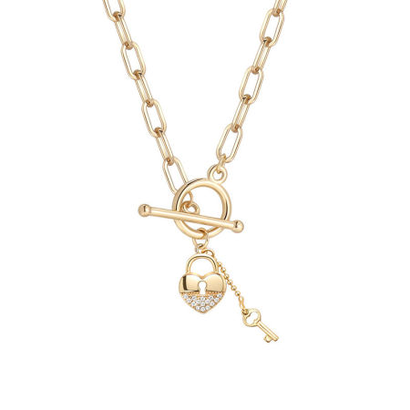 Picture of Copper Valentine's Day Necklace 18K Real Gold Plated Key Heart Lock Clear Rhinestone 51cm(20 1/8") long, 1 Piece