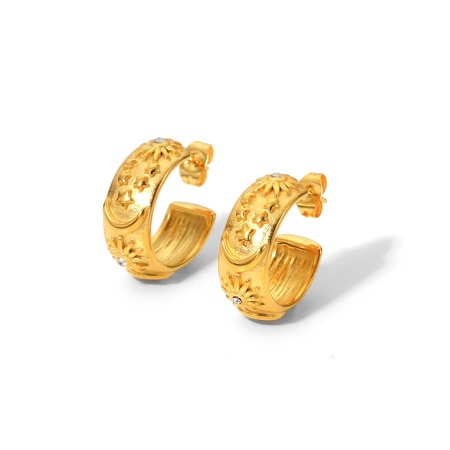 Image de 1 Paire Boucles d'Oreilles Créole Anneaux en Acier Inoxydable Placage sous Vide 18k Or Rempli Forme de C Soleil Zircone Cubique Clair 18.9mm 
