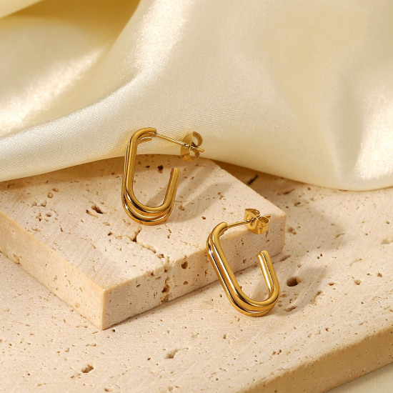 Bild von Umweltfreundlich Einfach und lässig Stilvoll 18K Gold plattiert 304 Edelstahl Geometrie Hoop Ohrringe Für Frauen Party 20.5mm, 1 Paar