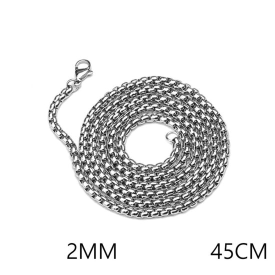 Изображение 201 Stainless Steel Box Chain Necklace Silver Tone 45cm(17 6/8") long, Chain Size: 2mm, 1 Piece