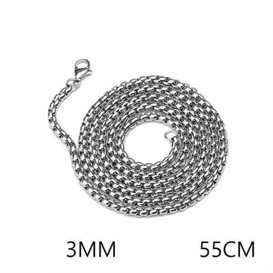 Изображение 201 Stainless Steel Box Chain Necklace Silver Tone 55cm(21 5/8") long, Chain Size: 3mm, 1 Piece