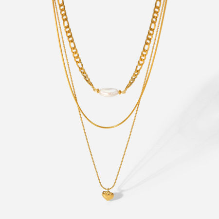 1 Piece Vacuum Plating Stainless Steel Multilayer Layered Necklace 18K Real Gold Plated Heart Imitation Pearl 35.5cm(14") long