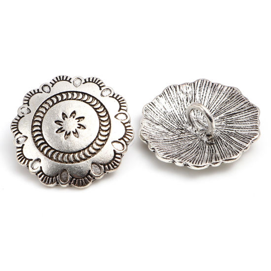 Image de Bouton de Haute Couture en Alliage de Zinc Fleur Argent Vieilli Motif Sculpté 29.5mm x 29mm, 3 Pcs