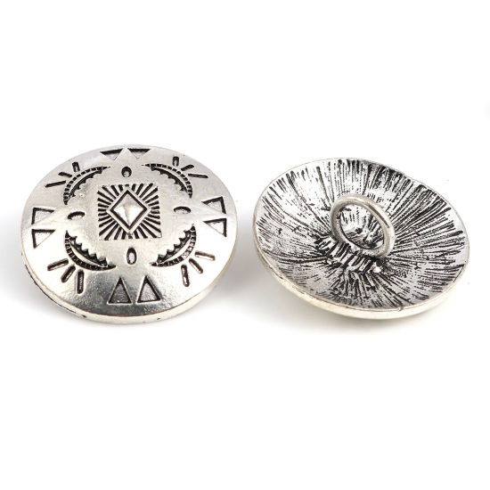 亜鉛合金 メタル 金属製 裏穴ボタン 手作り 手芸 ハンドメイド 円形 銀古美 幾何 柄 29mm 直径、 3 個 の画像