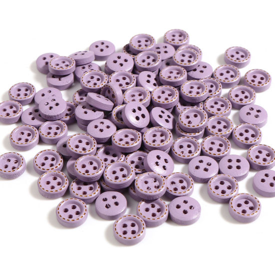 Picture of Natural Wood Sewing Buttons Scrapbooking 4 Holes Round Violet 10mm Dia., 100 PCs