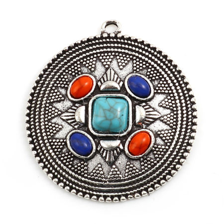 Image de Pendentifs Style Bohème en Alliage de Zinc+Acrylique Rond Argent Vieilli Multicolore Géométrique Imitation Turquoise 42mm x 39mm, 1 Pièce