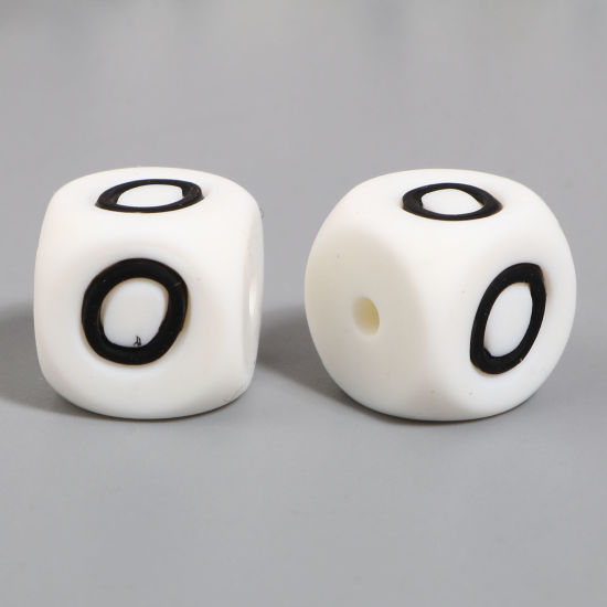 Picture of Silicone Spacer Beads Square White Initial Alphabet/ Capital Letter Pattern Message " O " About 12mm x 12mm, Hole: Approx 2.8mm, 10 PCs