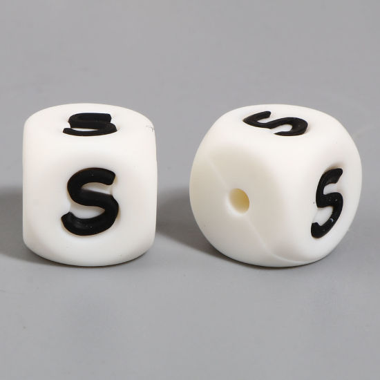 Picture of Silicone Spacer Beads Square White Initial Alphabet/ Capital Letter Pattern Message " S " About 12mm x 12mm, Hole: Approx 2.8mm, 10 PCs