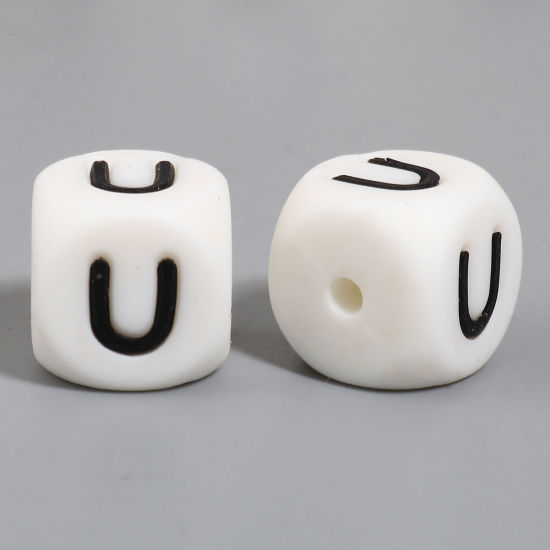 Picture of Silicone Spacer Beads Square White Initial Alphabet/ Capital Letter Pattern Message " U " About 12mm x 12mm, Hole: Approx 2.8mm, 10 PCs