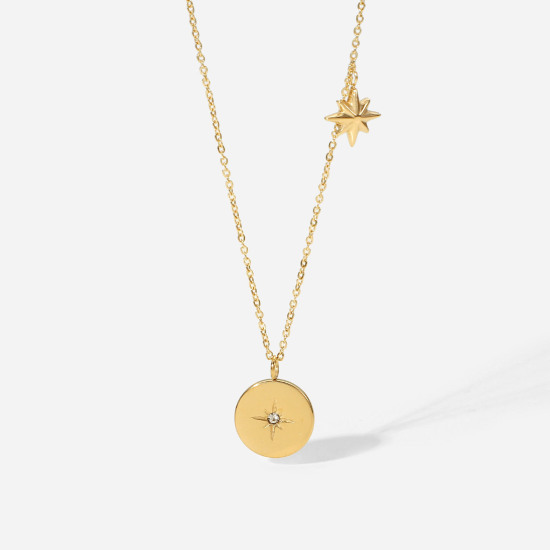 Image de 1 Pièce Collier à Pendentif Chaîne Maille Jaseron Élégant en 304 Acier Inoxydable & Zircon Placage sous Vide Simple & Décontracté 18k Or Rempli Rond Etoile Pour Femmes Fête 41cm long