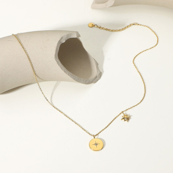 Image de 1 Pièce Collier à Pendentif Chaîne Maille Jaseron Élégant en 304 Acier Inoxydable & Zircon Placage sous Vide Simple & Décontracté 18k Or Rempli Rond Etoile Pour Femmes Fête 41cm long