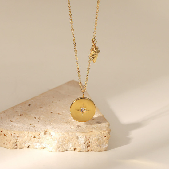 Image de 1 Pièce Collier à Pendentif Chaîne Maille Jaseron Élégant en 304 Acier Inoxydable & Zircon Placage sous Vide Simple & Décontracté 18k Or Rempli Rond Etoile Pour Femmes Fête 41cm long