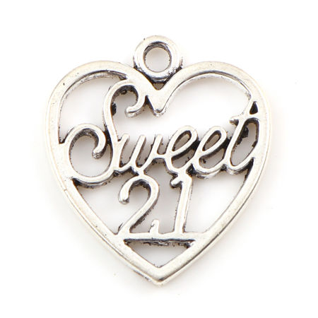 Picture of Zinc Based Alloy Charms Heart Antique Silver Color Message " sweet 21 " Hollow 21mm x 19mm, 20 PCs
