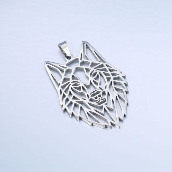 Picture of 201 Stainless Steel Pendants Silver Tone Wolf Hollow 5.1cm x 3.3cm, 1 Piece