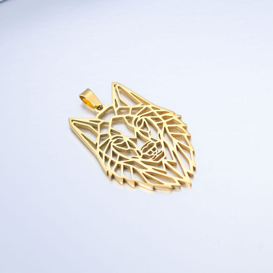 Picture of 201 Stainless Steel Pendants Gold Plated Wolf Hollow 5.1cm x 3.3cm, 1 Piece