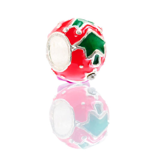 Immagine di Lega di Zinco Stile EuropeoFascino Perline Tondo Argento Placcato Natale Scolpito Smalto 11mm Dia, Foro: Circa 5.0mm, 5 Pz