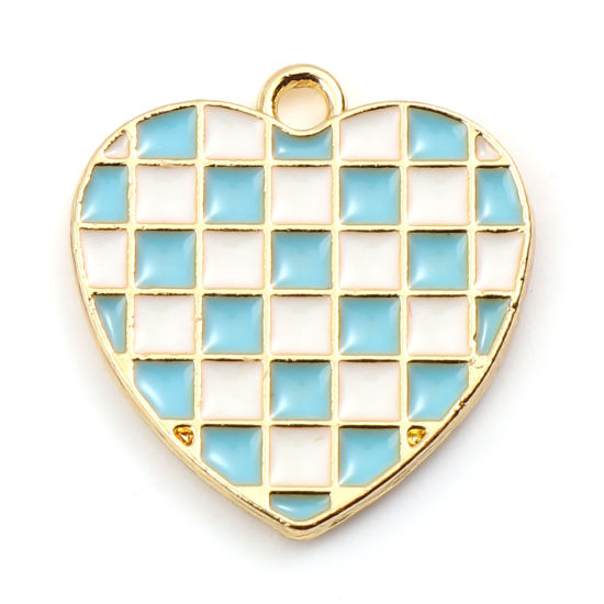 Picture of Zinc Based Alloy Mosaic Charms Heart Gold Plated White & Green Grid Checker Enamel 18mm x 17mm, 10 PCs