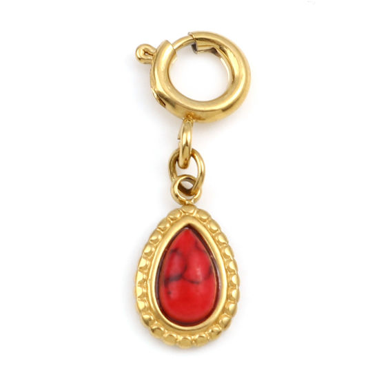Immagine di 304 Acciaio Inossidabile Charms Goccia Oro riempito Rosso Con Resina Cabochon Imitazione Turchese 21mm x 6mm, 1 Pz