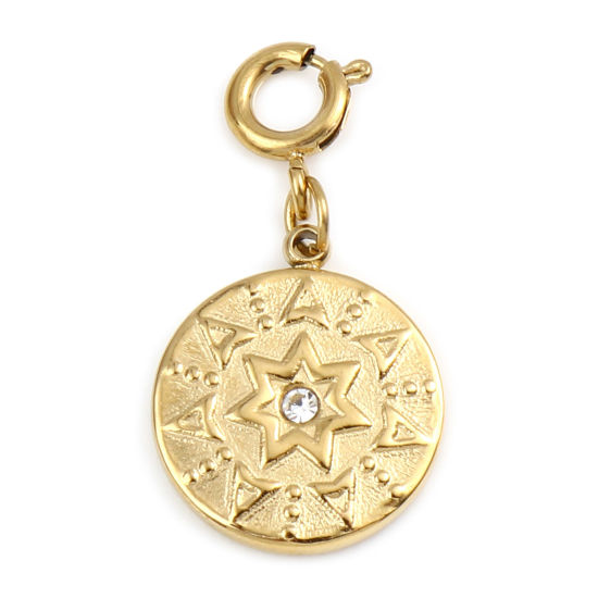 Immagine di 304 Acciaio Inossidabile Galassia Charms Tondo Oro riempito Stella Trasparente Strass 27mm x 14mm, 1 Pz
