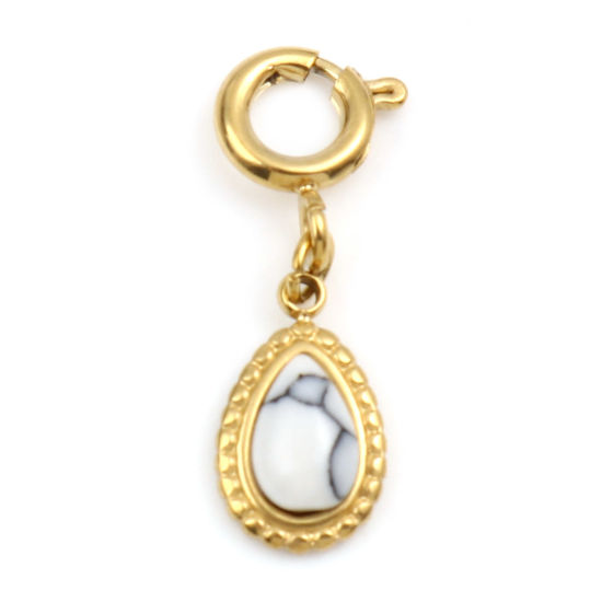 Immagine di 304 Acciaio Inossidabile Charms Goccia Oro riempito Bianco Con Resina Cabochon Imitazione Turchese 21mm x 6mm, 1 Pz