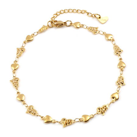Picture of 1 Piece Vacuum Plating 304 Stainless Steel Valentine's Day Anklet Gold Plated Heart 23cm(9") long