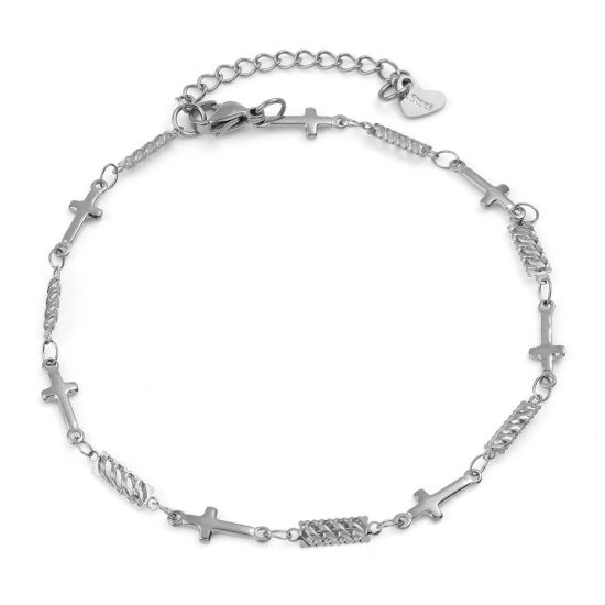 Picture of 304 Stainless Steel Religious Anklet Silver Tone Cross 23.5cm(9 2/8") long, 1 Piece