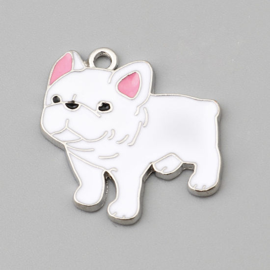 Bild von Zinklegierung Charms Bulldogge Silberfarbe Weiß Emaille 24mm x 24mm, 10 Stück
