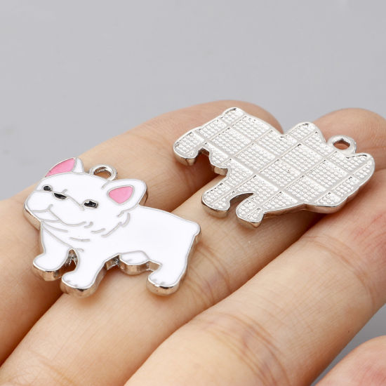 Bild von Zinklegierung Charms Bulldogge Silberfarbe Weiß Emaille 24mm x 24mm, 10 Stück