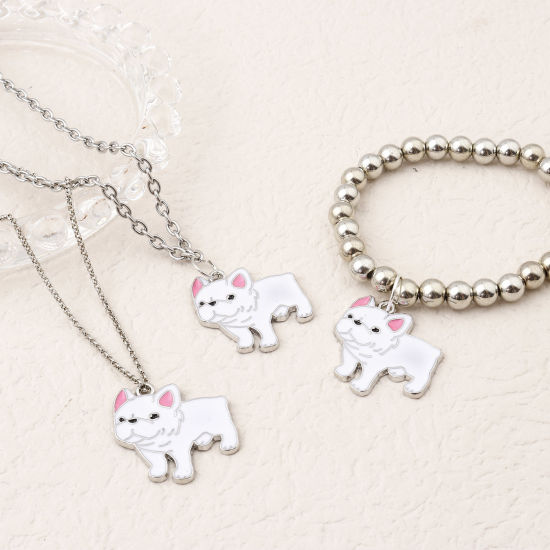 Bild von Zinklegierung Charms Bulldogge Silberfarbe Weiß Emaille 24mm x 24mm, 10 Stück