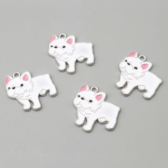 Bild von Zinklegierung Charms Bulldogge Silberfarbe Weiß Emaille 24mm x 24mm, 10 Stück