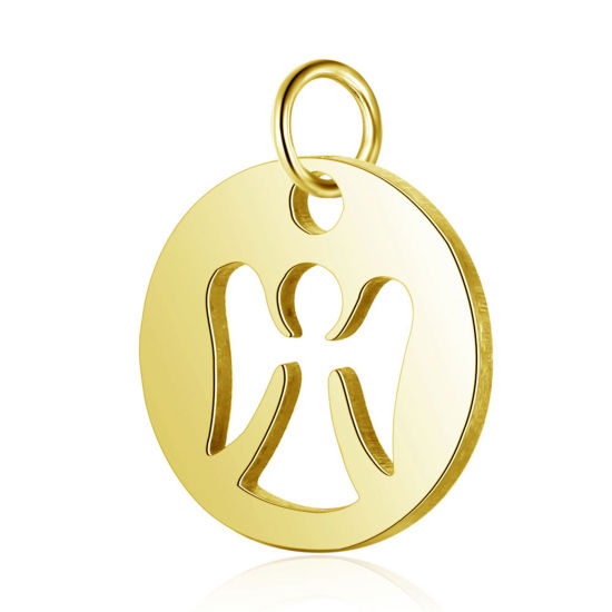 Immagine di 304 Acciaio Inossidabile Religione Charms Tondo Oro Placcato Angelo 15.5mm x 12mm, 1 Pz