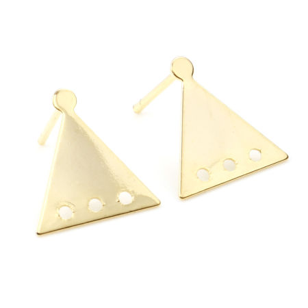 Picture of 4 PCs Brass Ear Post Stud Earrings Real Gold Plated Triangle With Loop 13mm x 12mm, Post/ Wire Size: 0.8mm(20 gauge)