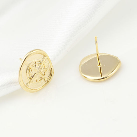 Bild von Messing Reise Ohrringzubehör Echtgold plattiert Kompass 13mm x 13mm, Drahtstärke: (21 gauge), 2 Stück
