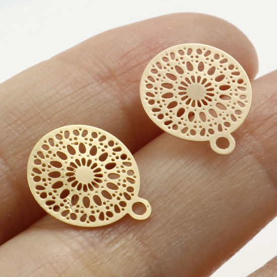 Picture of Brass Filigree Stamping Earring Accessories Real Gold Plated Round W/ Loop 14mm x 12mm, Post/ Wire Size: (21 gauge), 6 PCs