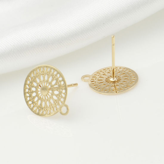 Picture of Brass Filigree Stamping Earring Accessories Real Gold Plated Round W/ Loop 14mm x 12mm, Post/ Wire Size: (21 gauge), 6 PCs