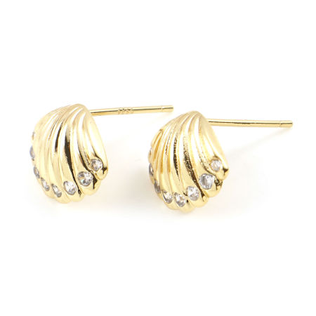 2 PCs Brass Ear Post Stud Earrings Real Gold Plated Shell Clear Cubic Zirconia With Loop 12mm x 10mm, Post/ Wire Size: 0.7mm(21 gauge)