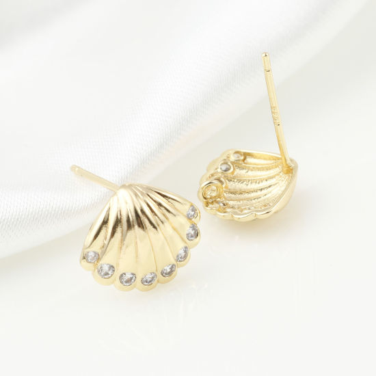 Bild von Messing Ohrringzubehör Echtgold plattiert Muschel Message " M/Öse " Klar Zirkonia 12mm x 10mm, Drahtstärke: (21 gauge), 2 Stück