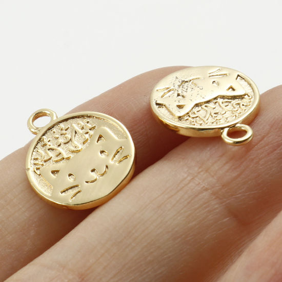 Picture of Brass Charms Round Disc Real Gold Plated Cat Double Sided 15mm x 12mm, 5 PCs