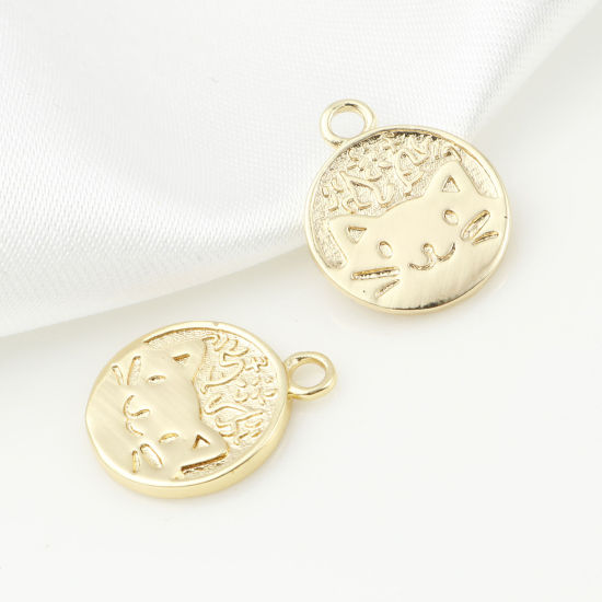 Picture of Brass Charms Round Disc Real Gold Plated Cat Double Sided 15mm x 12mm, 5 PCs