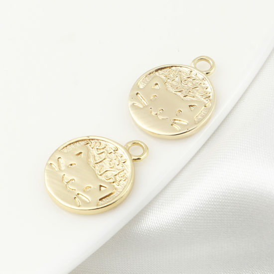 Picture of Brass Charms Round Disc Real Gold Plated Cat Double Sided 15mm x 12mm, 5 PCs