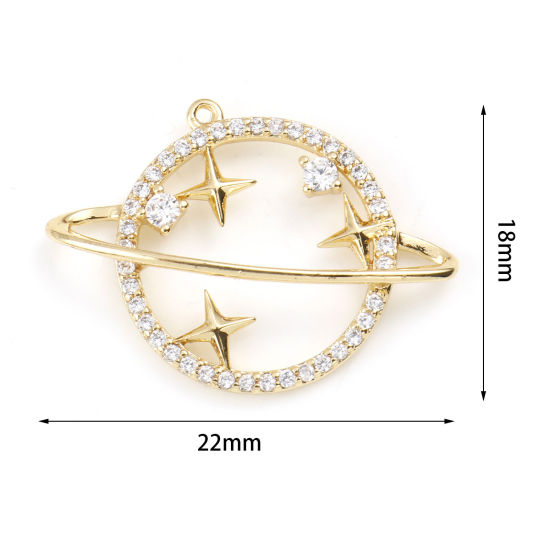 Immagine di Ottone Micro Intarsio Charms Stella Vero Oro Placcato Universo Pianeta Trasparente Cubic Zirconiae 22mm x 18mm, 1 Pz