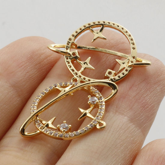 Immagine di Ottone Micro Intarsio Charms Stella Vero Oro Placcato Universo Pianeta Trasparente Cubic Zirconiae 22mm x 18mm, 1 Pz