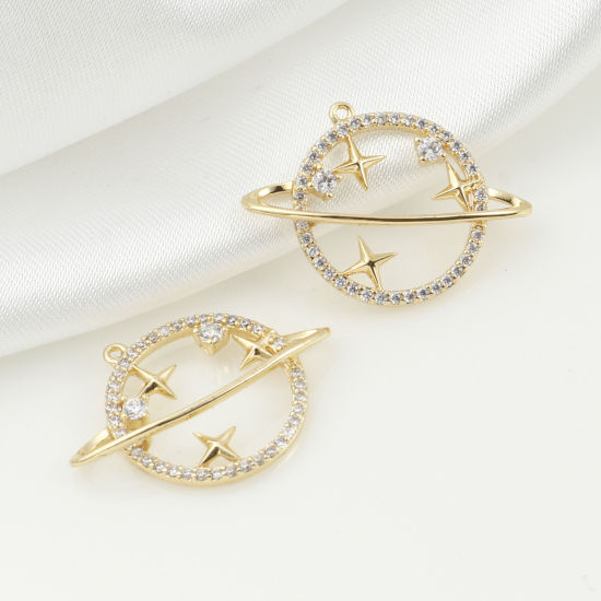 Immagine di Ottone Micro Intarsio Charms Stella Vero Oro Placcato Universo Pianeta Trasparente Cubic Zirconiae 22mm x 18mm, 1 Pz