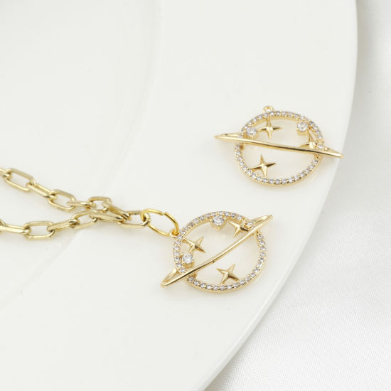 Immagine di Ottone Micro Intarsio Charms Stella Vero Oro Placcato Universo Pianeta Trasparente Cubic Zirconiae 22mm x 18mm, 1 Pz