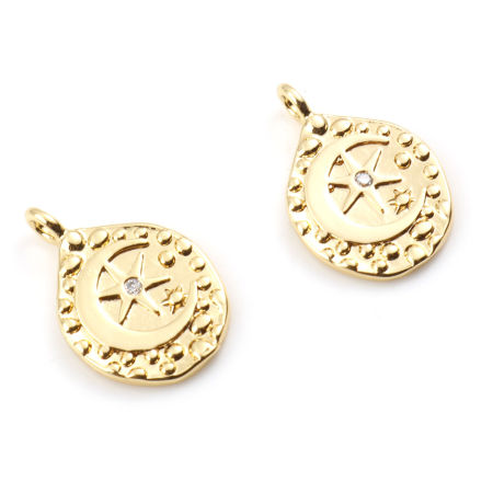 Brass Galaxy Charms Drop Real Gold Plated Star Clear Cubic Zirconia 15mm x 10mm, 2 PCs