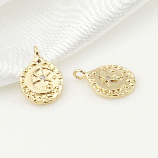 Immagine di Ottone Galassia Charms Goccia Vero Oro Placcato Stella Trasparente Cubic Zirconiae 15mm x 10mm, 2 Pz