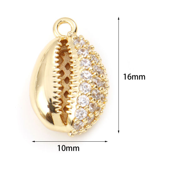 Image de Breloques Micro Pave en Laiton Coquille Plaqué Or Véritable à Zircone Cubique Clair 16mm x 10mm, 1 Pièce